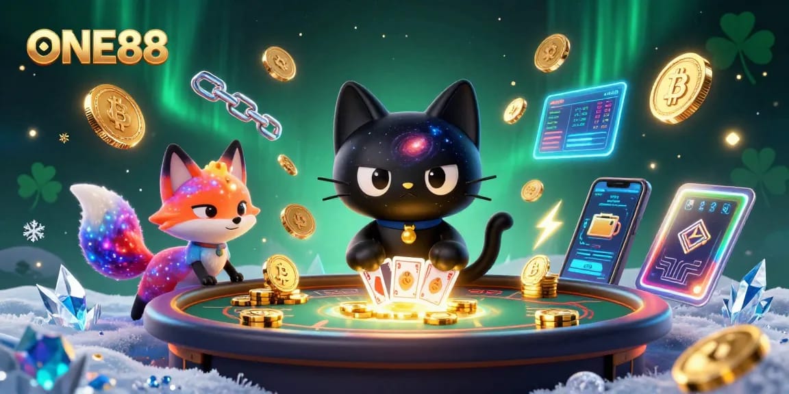 Experience thrilling gameplay at ONE88 with dynamic gambling action, crypto elements, and cosmic characters.
