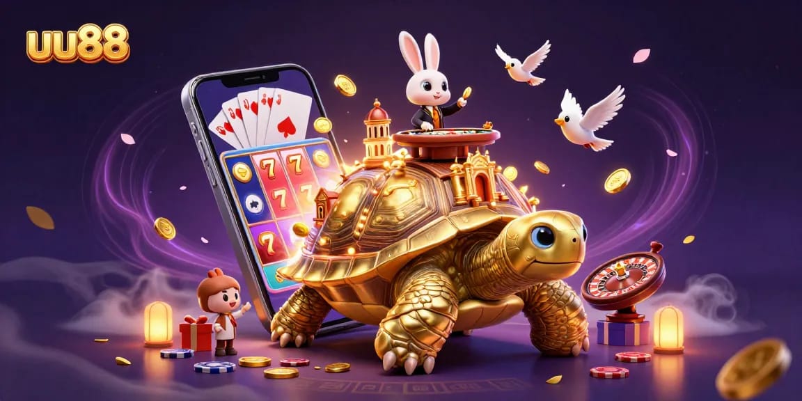 Experience the excitement of uu88 with a golden tortoise casino scene showcasing dynamic games and thrilling action.
