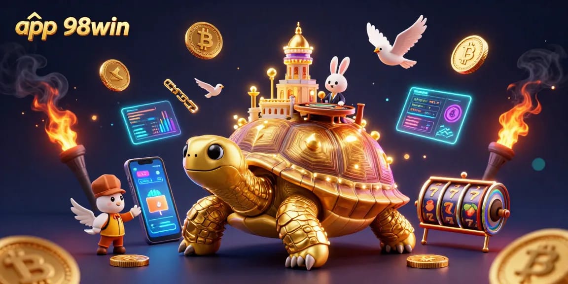 Win big with app 98win in this lively 3D casino scene featuring a golden tortoise and rabbit dealer.