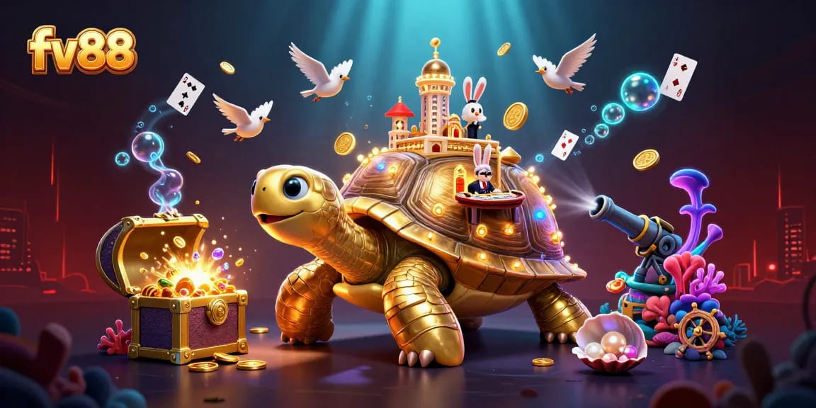 Experience the thrilling games at fv88 with a captivating 3D casino scene rich in detail.