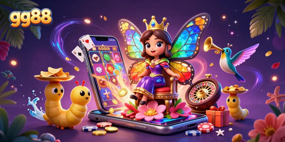 Engage with gg88's vibrant casino world featuring a dazzling butterfly queen and golden triumph.