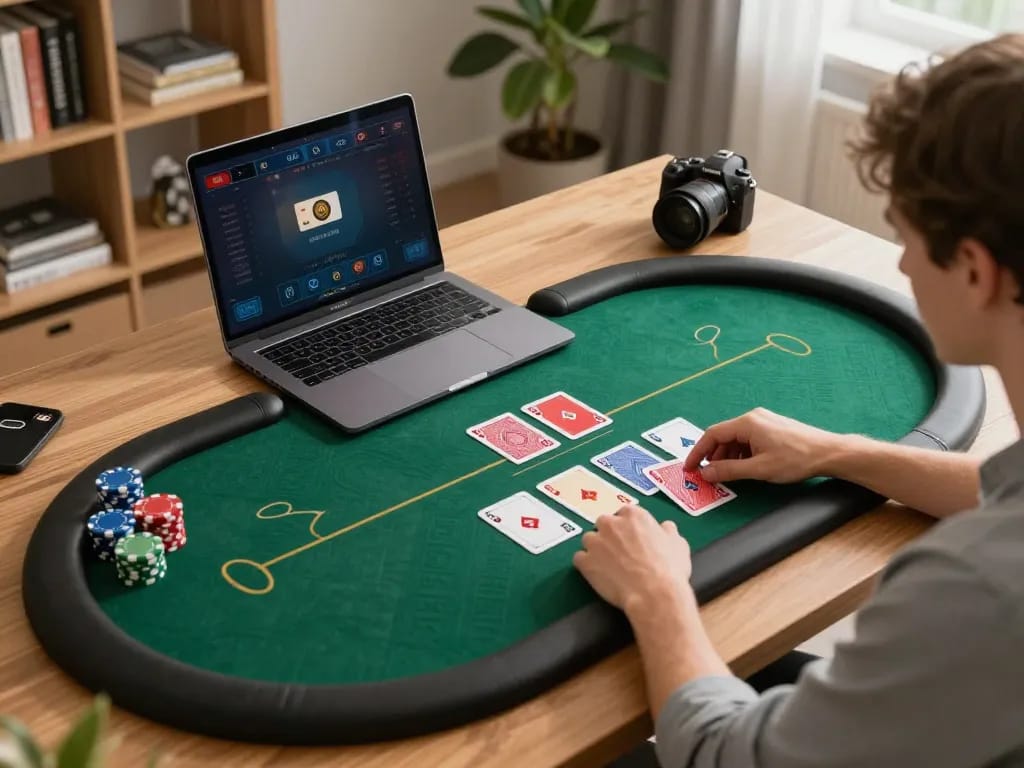 Player navigates a thrilling online poker game on hitclub-88, enjoying strategic gameplay in a cozy home setting.