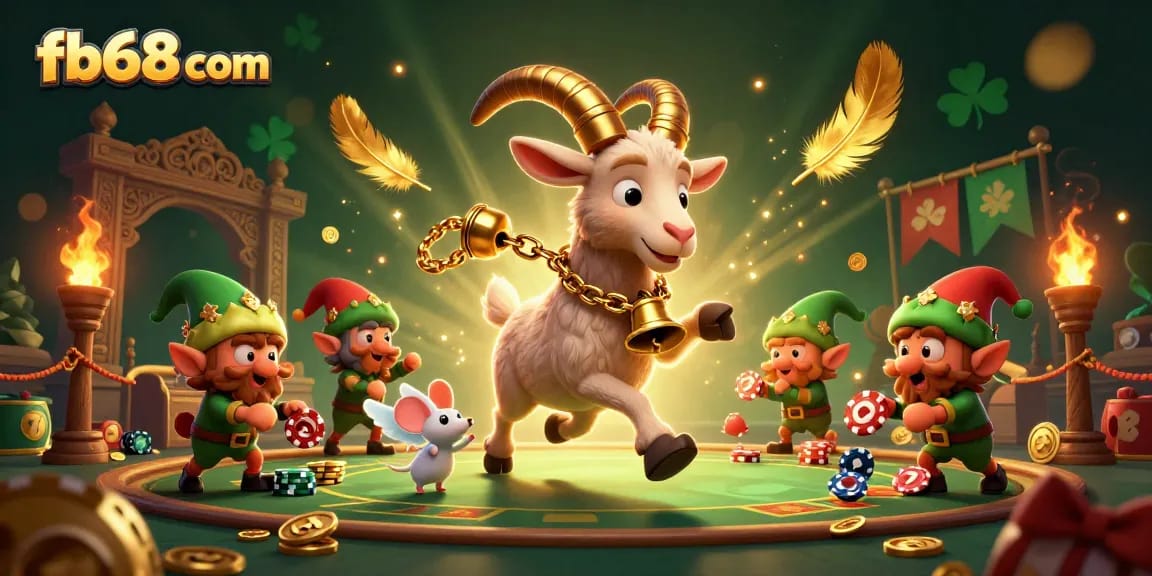 Engage with thrilling games at fb68 com featuring festive 3D characters in a captivating casino scene.