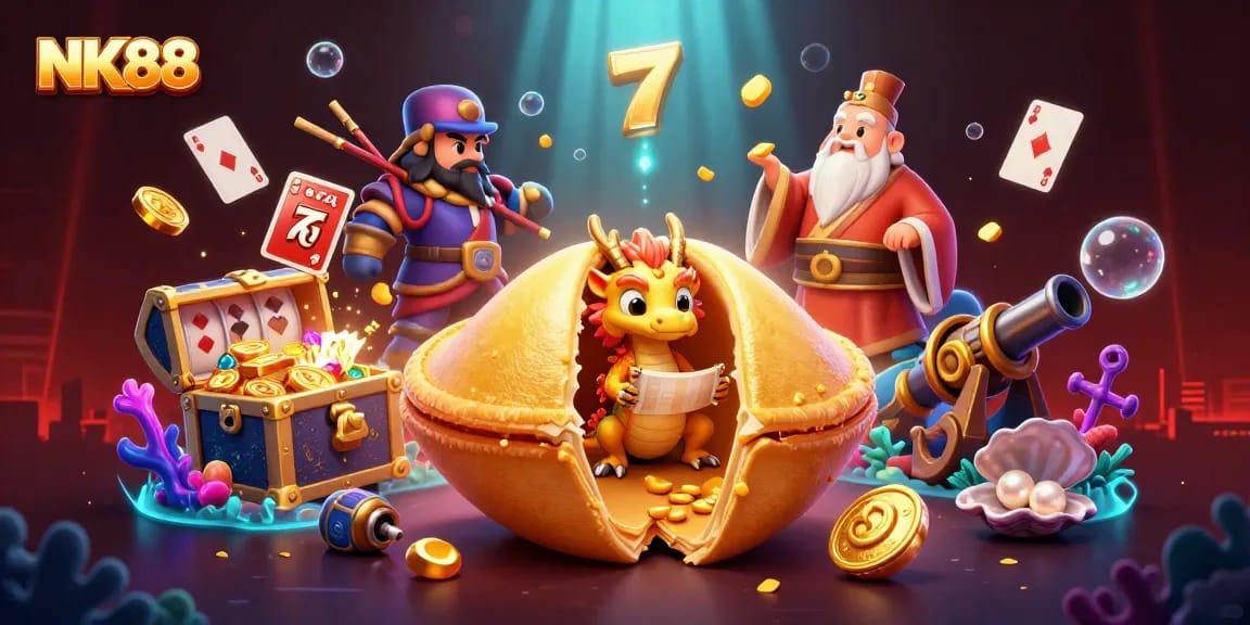 Engage with NK88's exciting slot games featuring a vibrant animated scene packed with action.