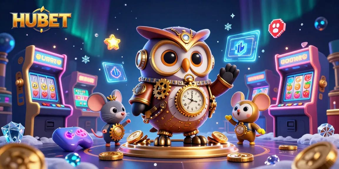 HUBET offers a rich gaming experience with a cartoon owl and steampunk elements in a vibrant casino atmosphere.