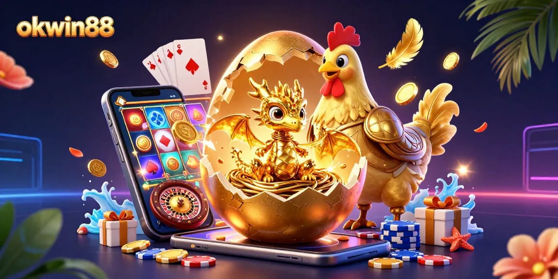 Experience the thrill of okwin88 with a golden dragon and vibrant casino elements in a dazzling scene.