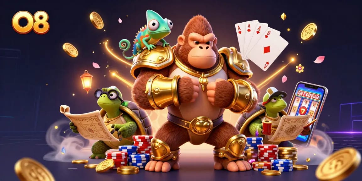 Win big at O8 with a powerful gorilla in golden armor, chameleon companion, and wise tortoise.