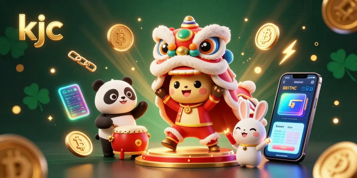 KJC online casino fusion with a cartoon lion dance, panda drummer, and crypto elements illustrating gaming excitement.