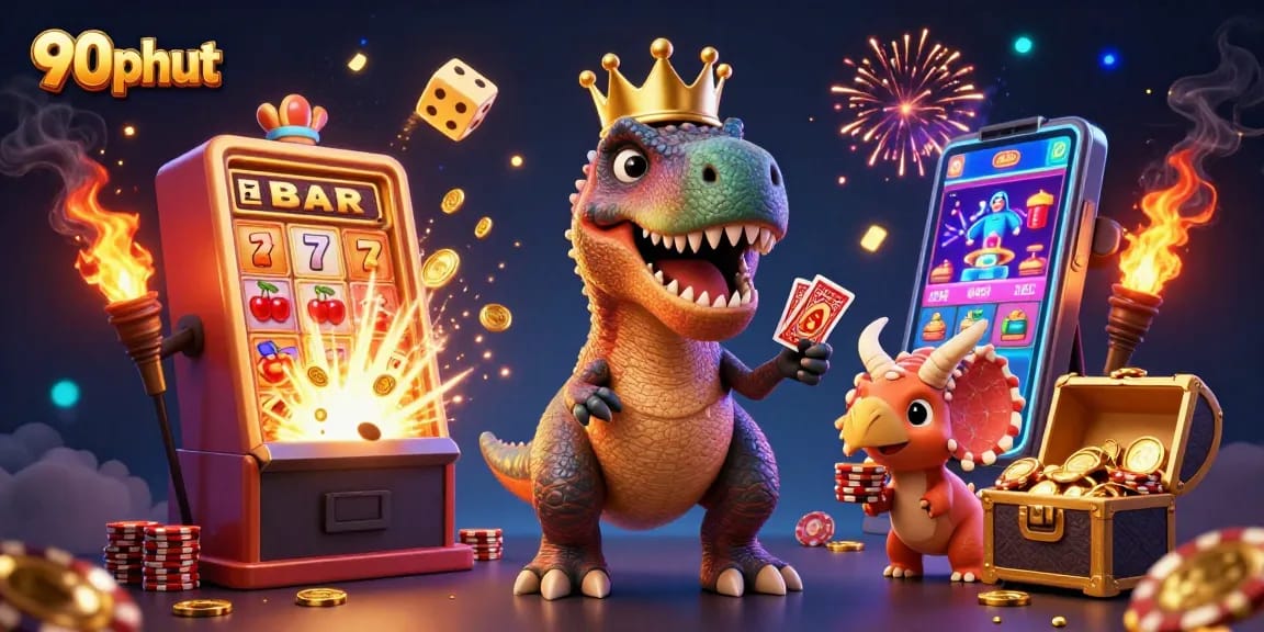 90phut T-Rex shuffles cards at a vibrant casino scene with a jackpot explosion of gold coins.