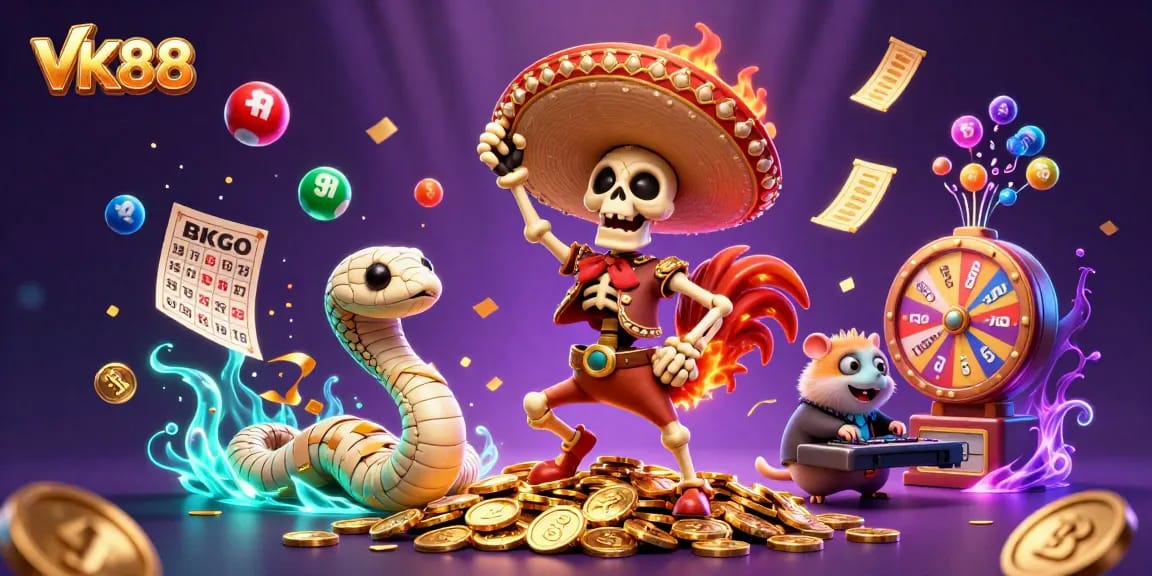 Experience winning with VK88's vibrant casino characters and dynamic lottery elements in a festive scene.
