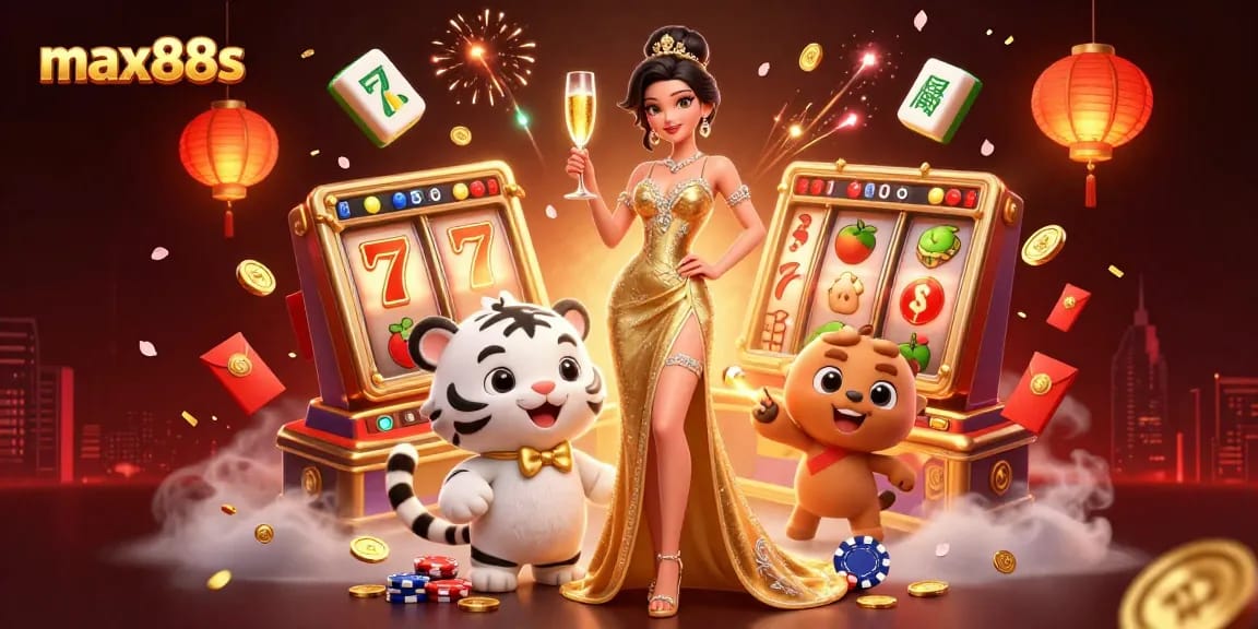 Experience max88s excitement with a glamorous cocktail party and vibrant casino elements in a 3D illustration.