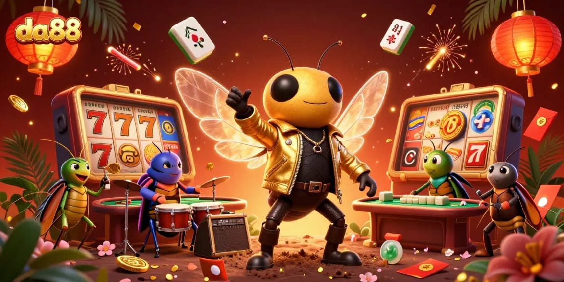 Experience thrilling gaming action at da88 with vibrant details of a rock star and casino elements.