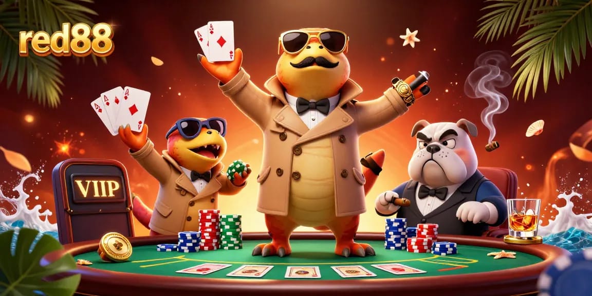 Raptors in a trench coat humorously trying to enter a VIP casino lounge at red88.
