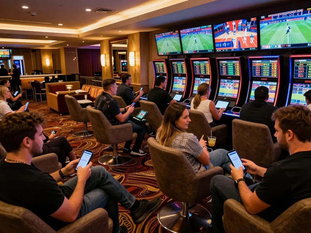 Soi kèo phạt góc action in a lively sports betting lounge with fans watching live events