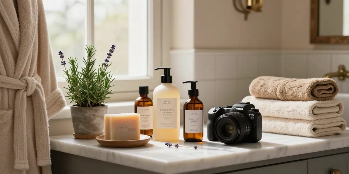 Indulge in luxury with authentic Italian Bath and Body products in a serene bathroom setting.