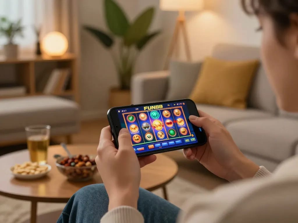 FUN88 player enjoying dynamic slot games on mobile, surrounded by cozy home atmosphere.