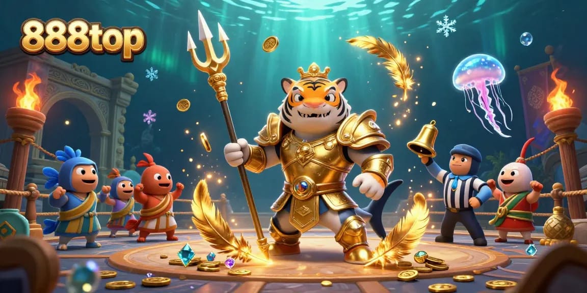 Experience excitement at 888top with a fierce tiger shark in a vibrant underwater casino arena.