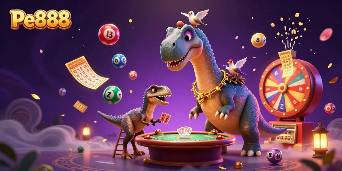 Experience Pe888's magical casino ambiance with a vibrant 3D gaming scene full of life.