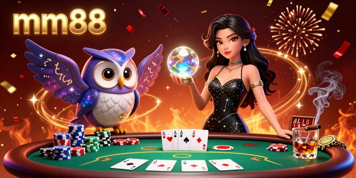 Engage with mm88's vibrant poker scene featuring a mystical woman and owl amidst colorful gambling elements.