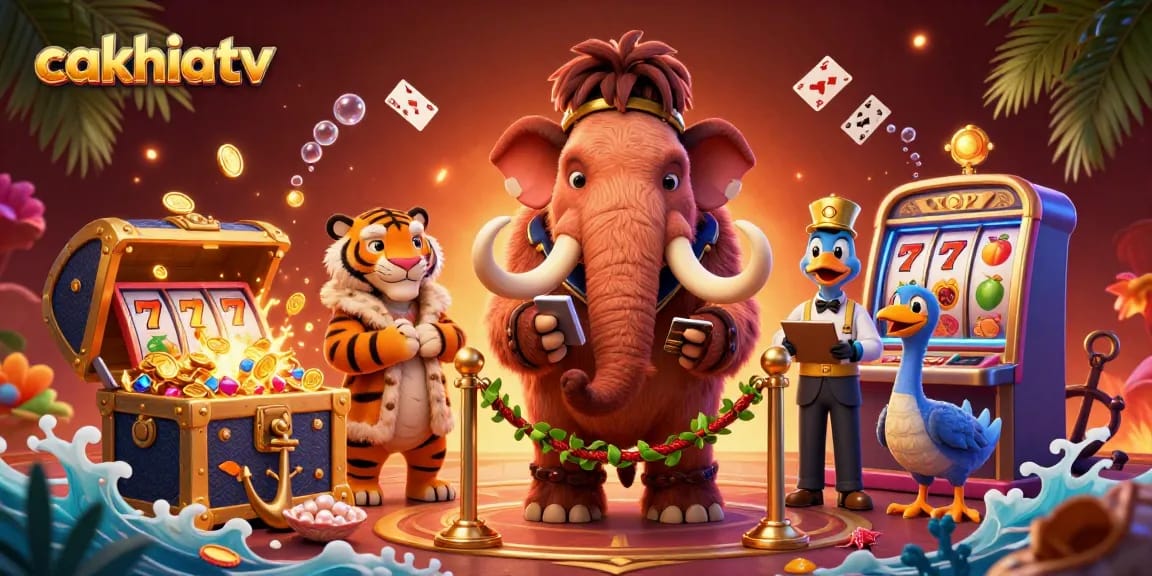 Cakhiatv brings excitement as a woolly mammoth bouncer welcomes a saber-tooth tiger VIP at a vibrant casino scene.
