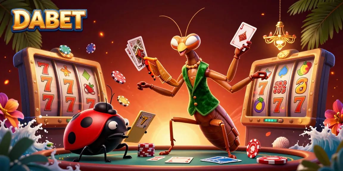DABET invites players to enjoy an exciting casino scene with vibrant slot machines and engaging characters.