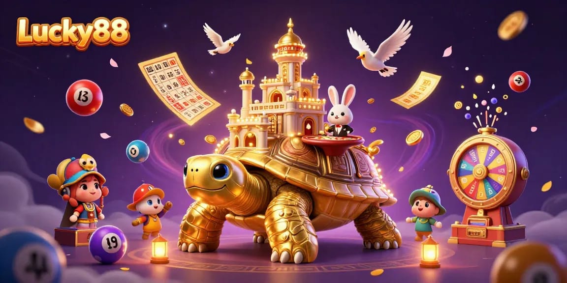 Join the fun at Lucky88 as a rabbit dealer serves games amidst a golden tortoise casino.