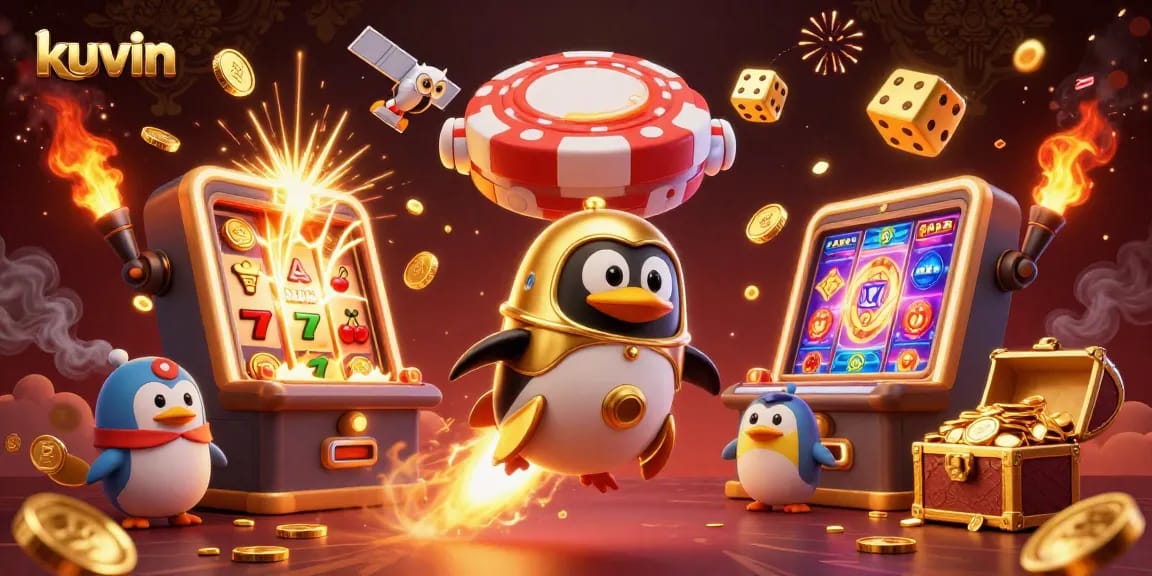 Kuvin supports thrilling gambling adventures featuring a cartoon penguin blasting into the casino cosmos.