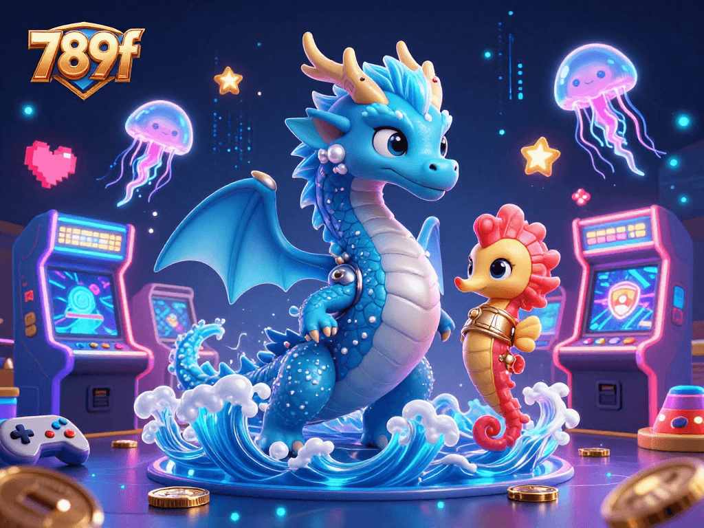 Engage in casino adventure with 789f as a majestic azure water dragon and vibrant neon elements bring excitement.