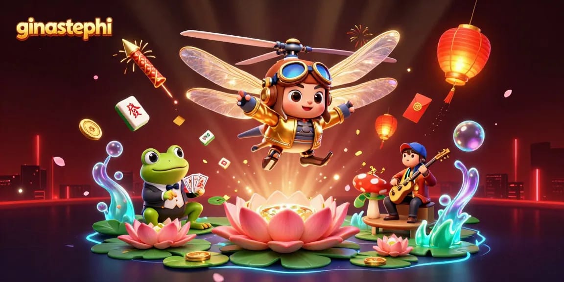 Experience thrilling gameplay with ginastephi, featuring a dragonfly pilot and card dealer in a vibrant casino.
