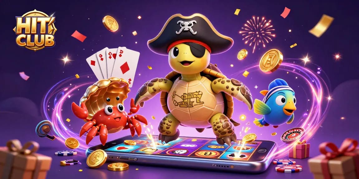 HITCLUB's pirate turtle navigates treasure with colorful slot games and casino elements