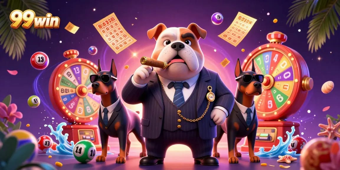 Experience the excitement of 99win with vibrant lottery elements and energetic characters in a casino scene.