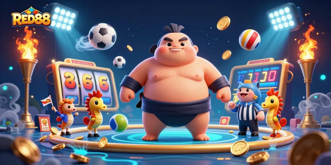Experience the excitement of RED88 in this vibrant underwater 3D casino scene with fugu, catfish, and sports elements.