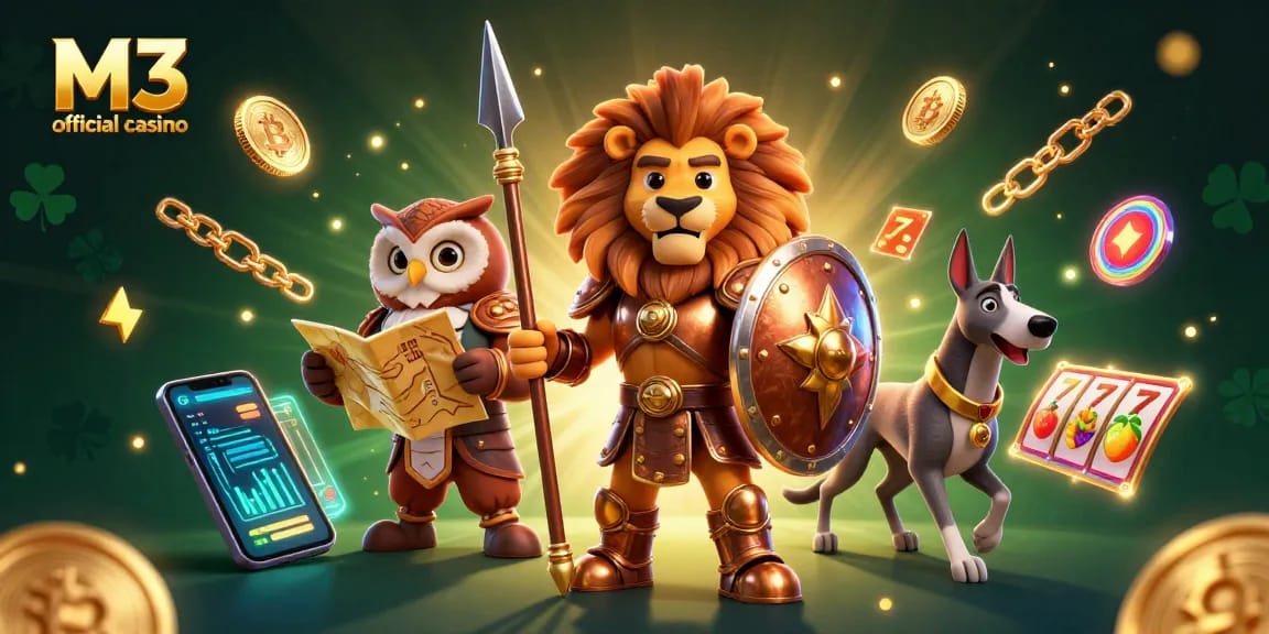 M3 official casino showcases a vibrant scene with a Spartan lion, tactical owl, and swift greyhound among glowing crypto elements and slot symbols.