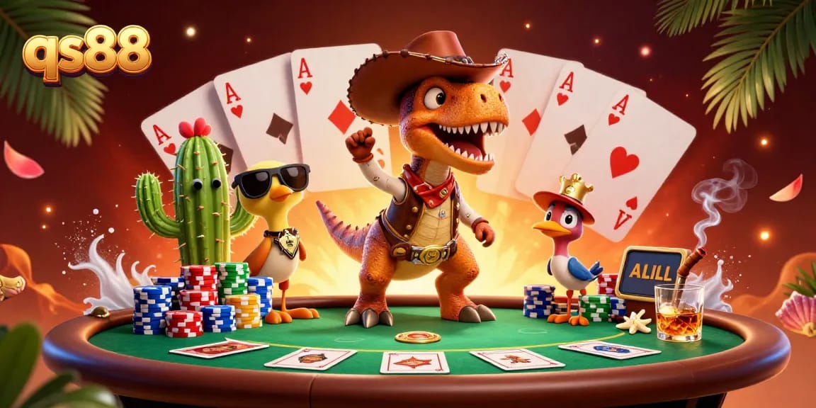 Experience thrilling gaming action at qs88 with a lively poker scene featuring dynamic characters.
