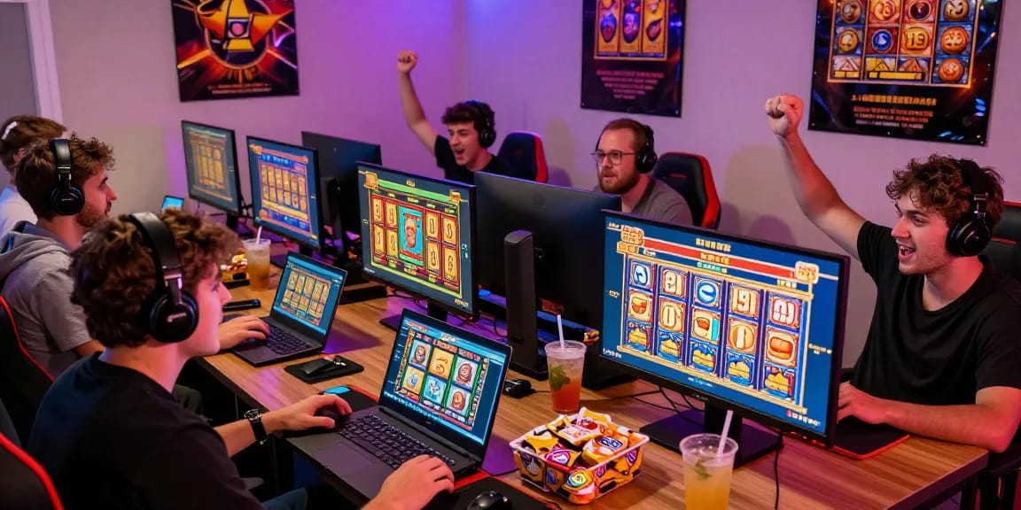 Permainan slot online yang menarik dengan pemain bersemangat dan suasana penuh energi.
