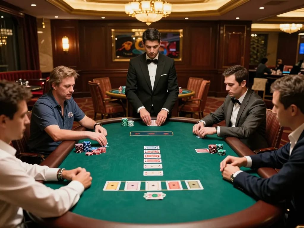 Players engaging at a high-stakes poker table in the luxurious PH22 casino.