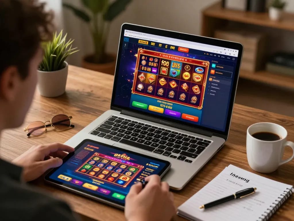 rikbet online gaming experience with engaged player using laptop and tablet in a cozy home office setting
