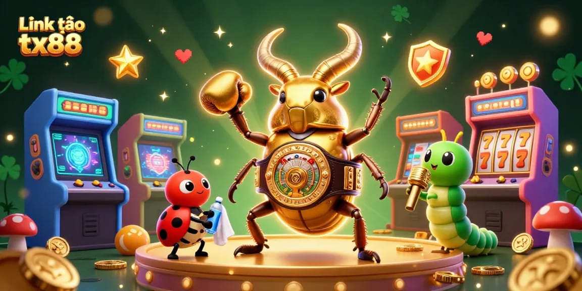 Engage in thrilling gaming action with Link vào tx88 featuring a 3D golden beetle champion in an electrifying casino scene.