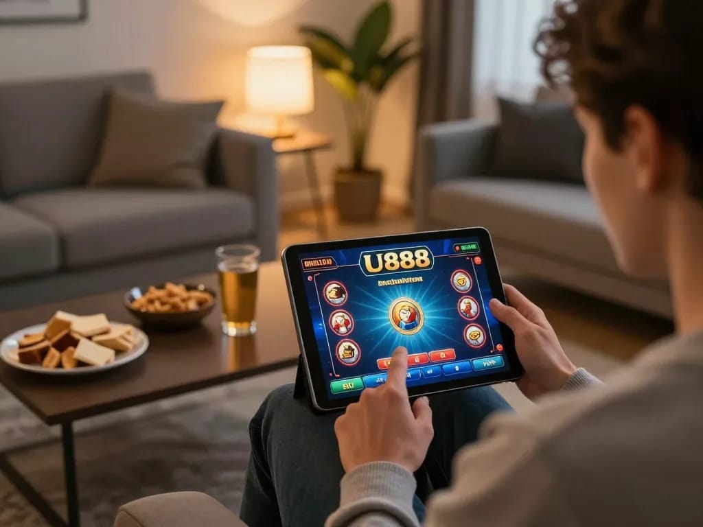 Engaging gameplay on U888 casino app in cozy living room setting.