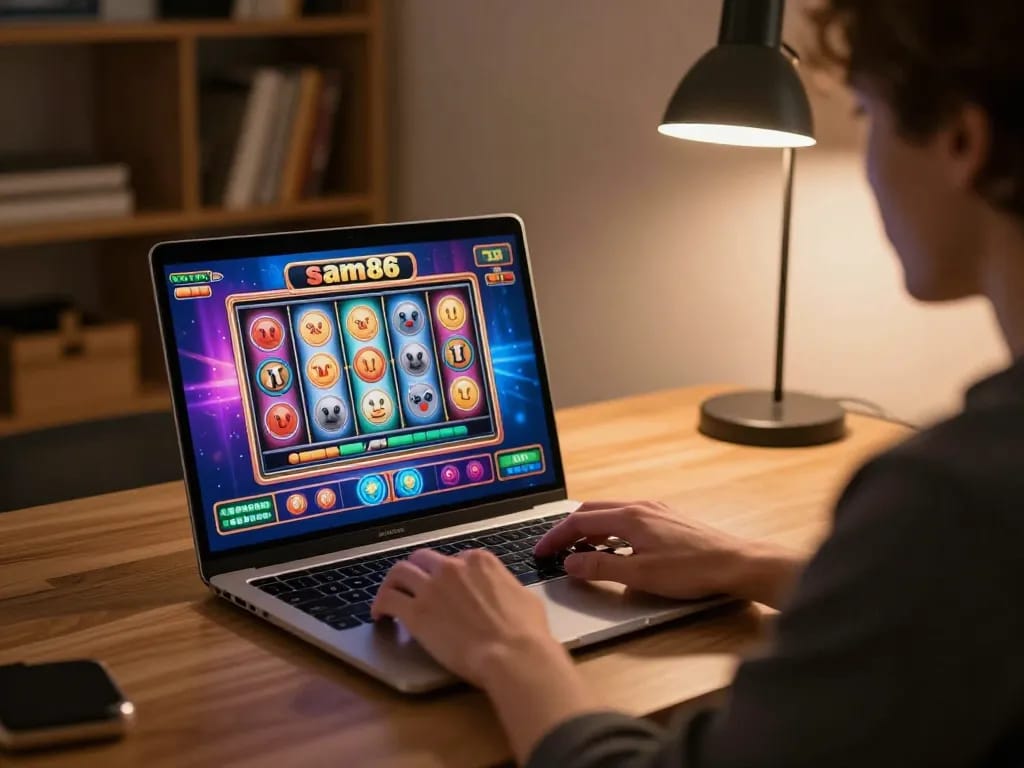 Player engages with sam86 online casino game on laptop, showcasing an interactive and immersive gaming experience.