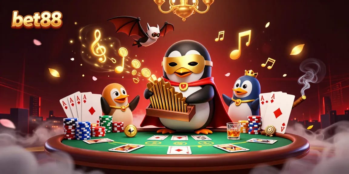 Experience thrilling action with bet88 as the phantom opera penguin plays winning poker tunes.