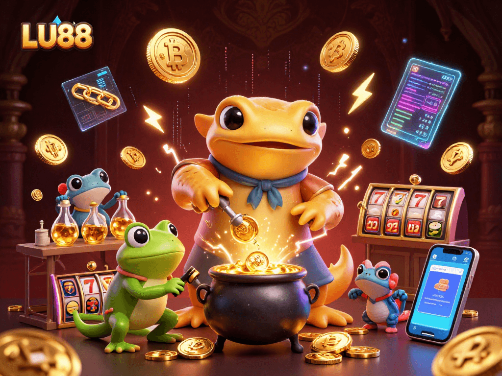 LU88 unleashes exciting gaming action with a fantasy alchemist and froggy assistant in a vibrant casino scene.