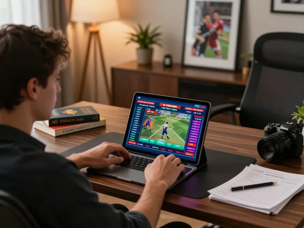 Engaged sports betting session with 11win displayed on tablet in a stylish home office setup