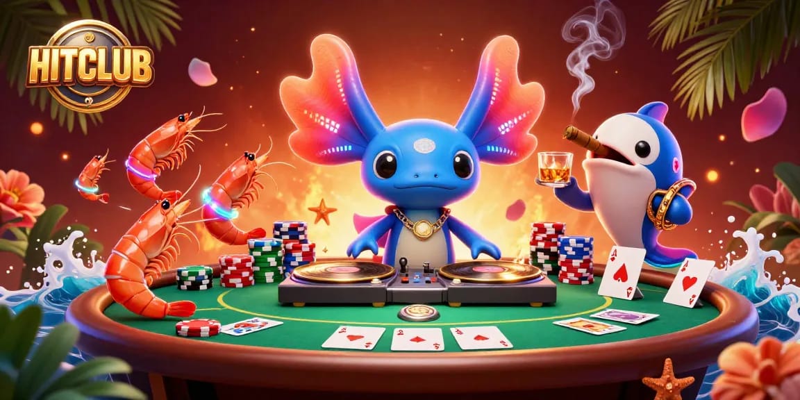 Experience the vibrant HITCLUB scene with a neon axolotl DJ and poker elements in action.
