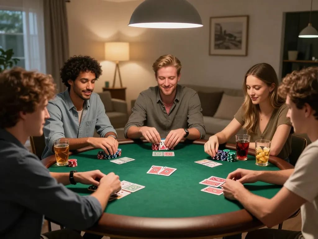 TA88 poker night with friends at home, engaging in Texas Hold'em with chips and cards.