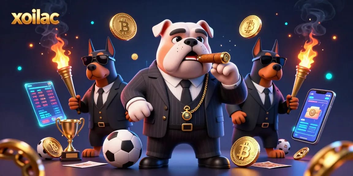Xoilac features a mafia boss bulldog and Doberman bodyguards amidst a vibrant sports betting scene.