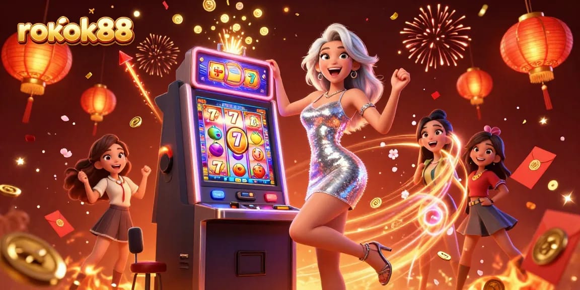 Experience excitement with rokok88's jackpot celebration and vibrant casino elements.