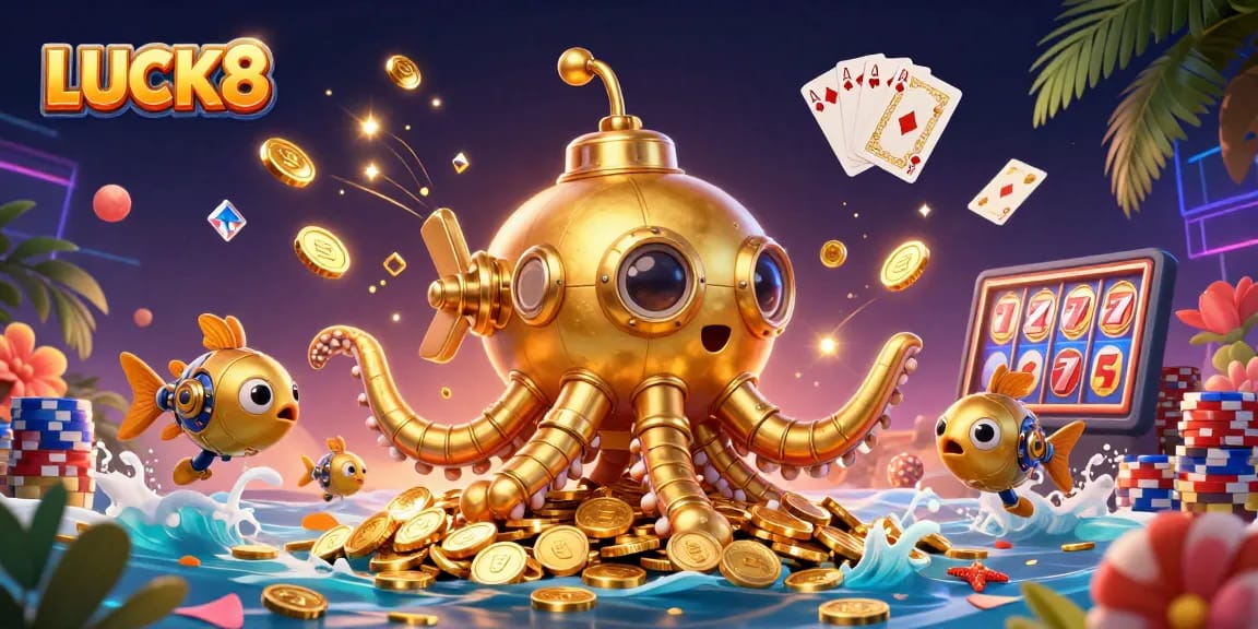 Experience LUCK8's golden kraken submarine amidst a vibrant casino scene, capturing thrilling play.