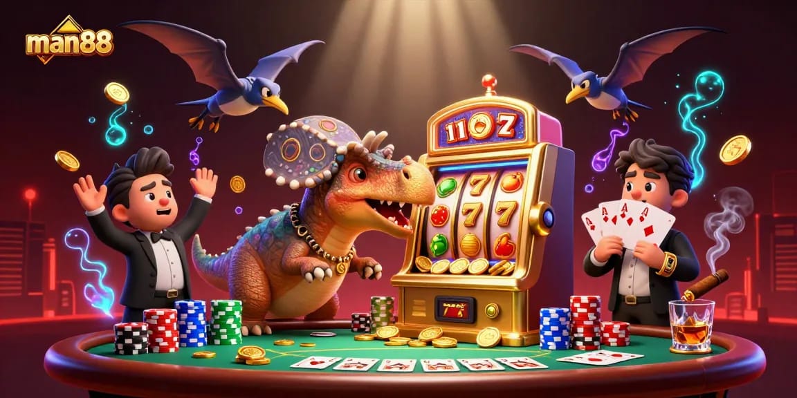 Experience the excitement of man88's casino with dynamic scenes of jackpot wins and vibrant gaming elements.
