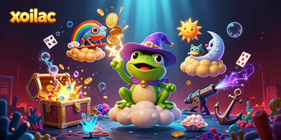 Xoilac captures excitement with a wizard frog storming golden coins in a vibrant casino-themed scene.